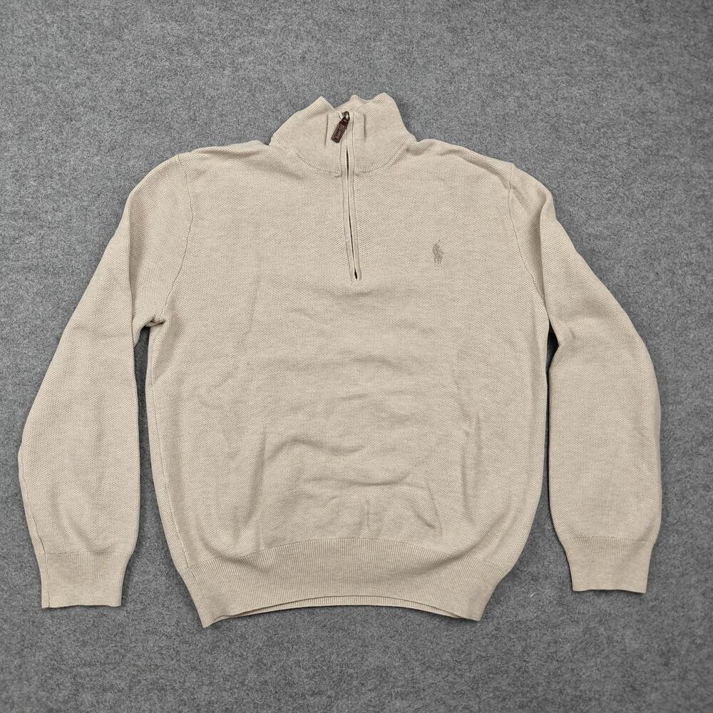 Polo Ralph Lauren Sweater Womens Medium Beige Pullover 1/4 Zip Mock Neck Logo